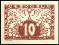 (1920-039) Марка Чехословакия "Голуби (Красно-коричневая)" Бумага желтоватая     Специальная доставк